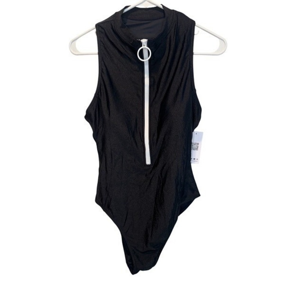 Charmo Womens Black Zip Front One Piece Swimsuit Sleeveless Mock Neck XL NEW
